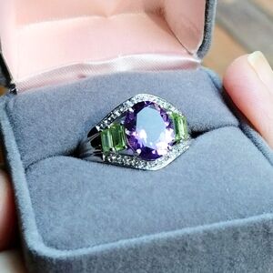 NOS Amethyst and Peridot .925 Silver Cocktail Ring Size 9.5